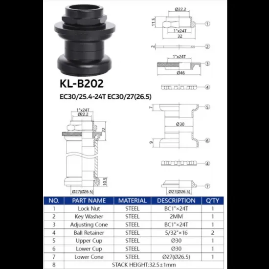 Рульовий набір KENLI KL-B202 1" EC 30/25.4-24T EC 30/27 для різьбової вилки KLB202 Рульовий набір KENLI KL-B202 1" EC 30/25.4-24T EC 30/27 для різьбової вилки KLB202