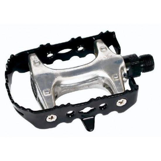 Педали Longus CAGE MTB Al/Fe серебристые с черной рамкой, насыпные подшипники