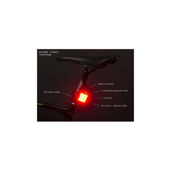 Ліхтар стоп задній Author V-Block360 USB CobLed 80 lm, чорний з червоними лінзами 12039990