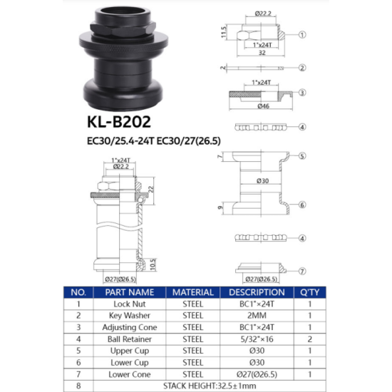Рульовий набір KENLI KL-B202 1" EC 30/25.4-24T EC 30/27 для різьбової вилки KLB202